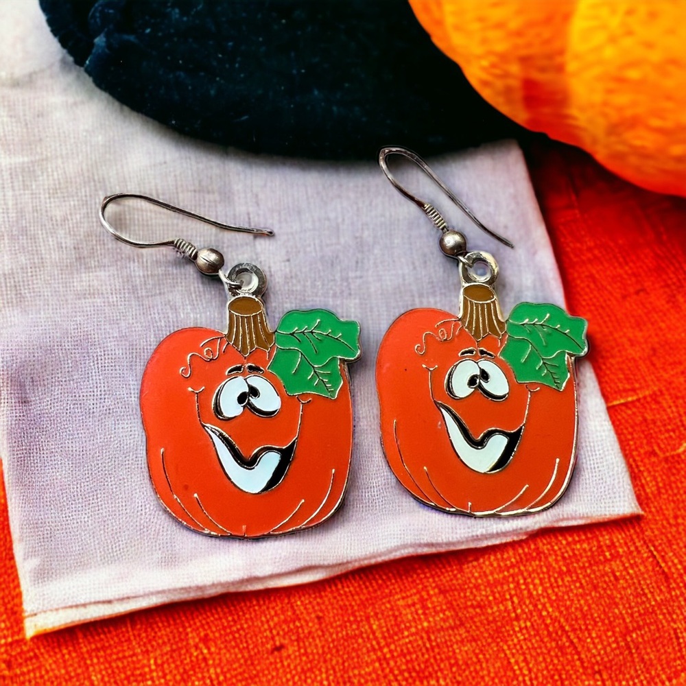 Klein International Dangle Halloween Pumpkin Earrings Gold/Silver Toned Enamel.